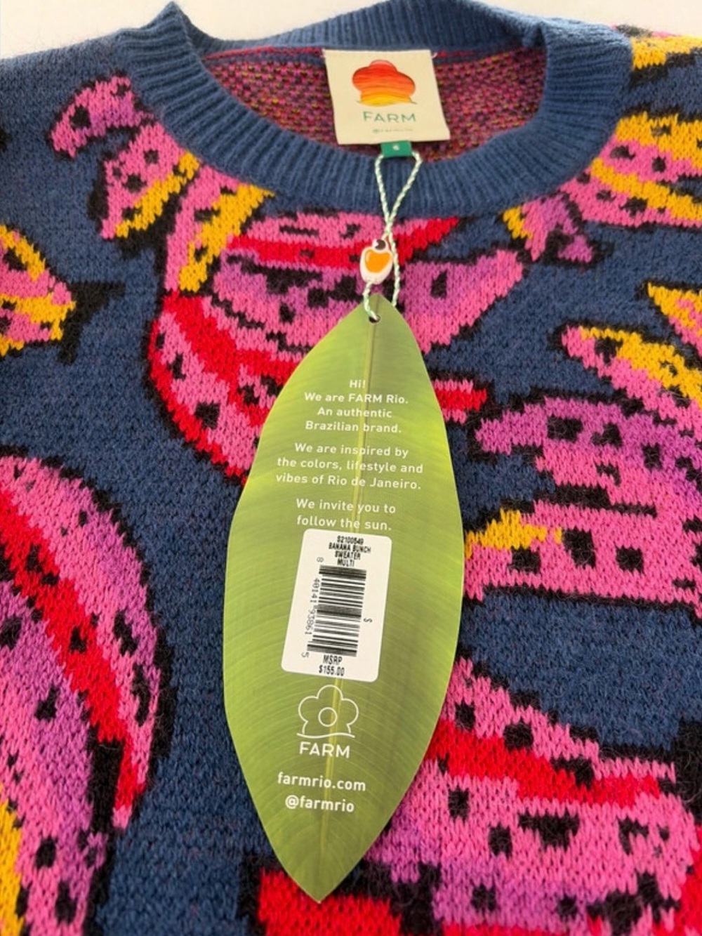 FARM Rio Blue Crewneck Sweater with Pink & Yellow Floral Pattern - Picture 1 of 2
